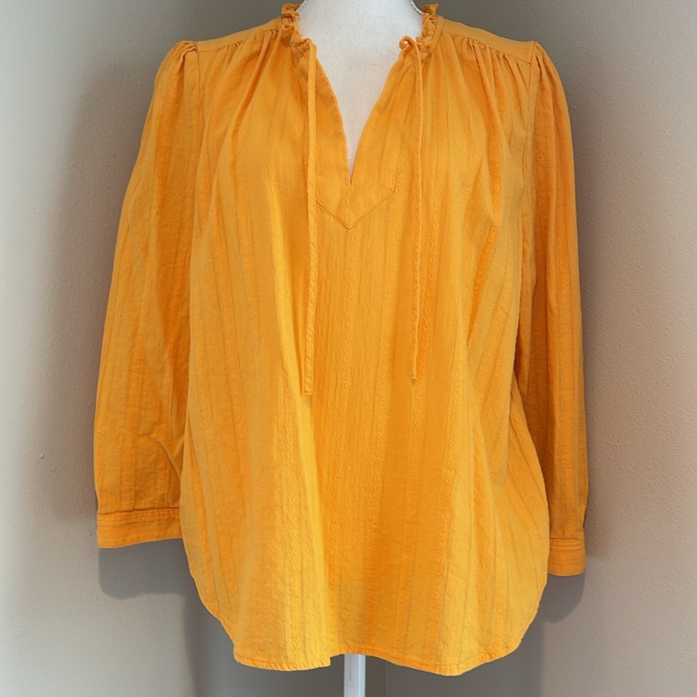 LOFT | Striped Ruffle Tie Neck Blouse | Honey Yellow | X-Large - Picture 3 of 8